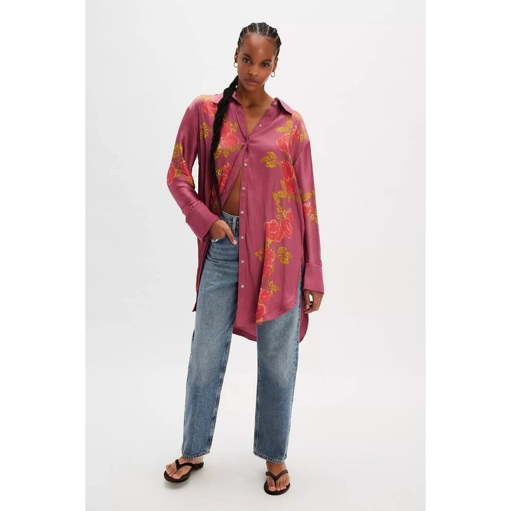 NEW FREE PEOPLE OFF THE VINE BUTTON DOWN SATIN OVERSIZED BLOUSE TUNIC XSMALL